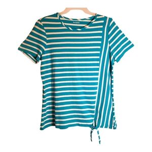 Kim Rogers women's lg striped short sleeve pullover tie front top. 5029